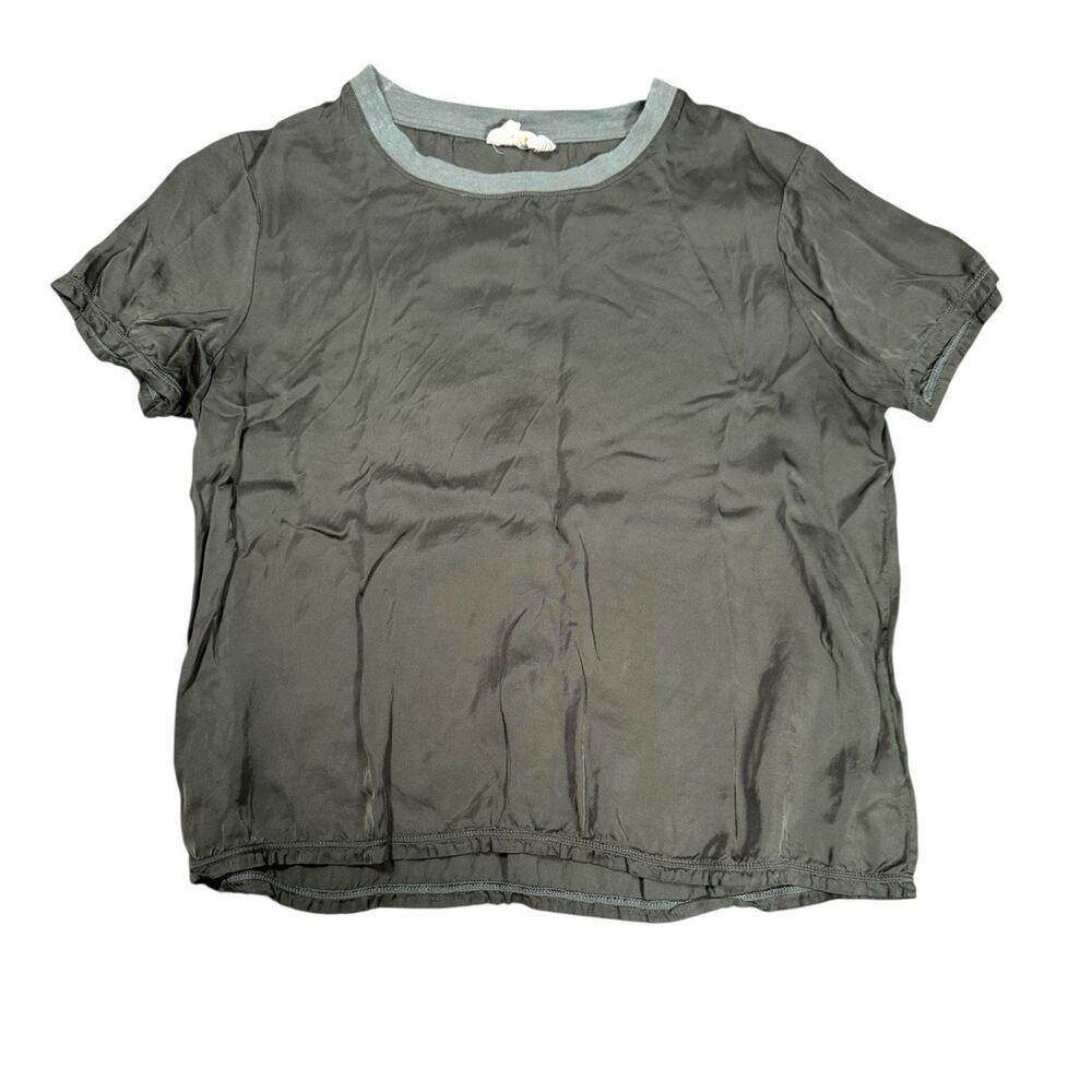 Nation LTD Marie Satin Top Womens XS Olive Green Boxy Crop Short Sleeve Blouse